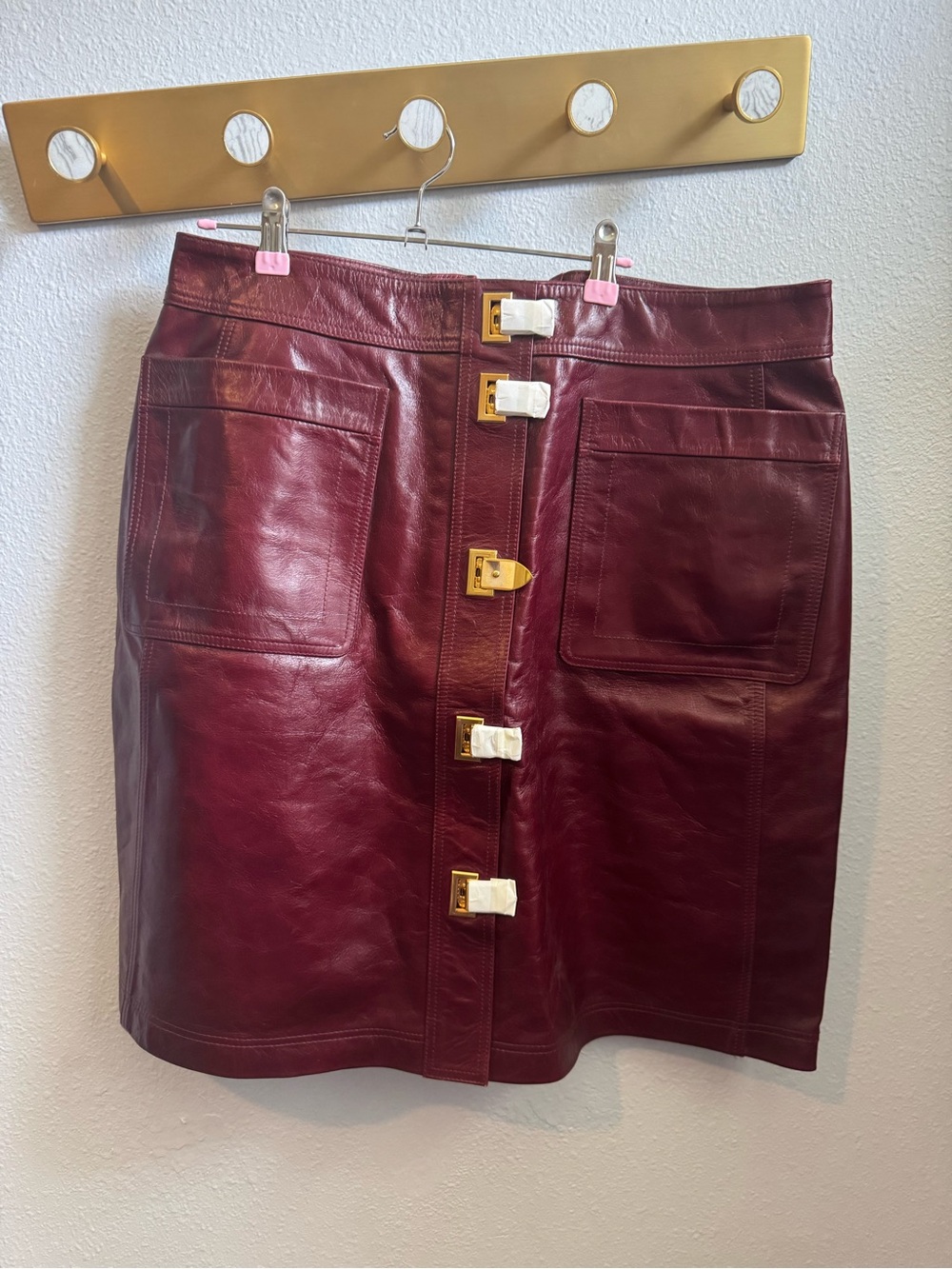 NWT Tory Burch Burgundy Leather Skirt with Gold Buckle Accents
